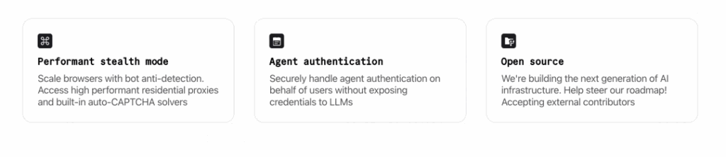Kernel platform features for browser automation tools — including performant stealth mode, secure agent authentication, and open-source AI infrastructure.