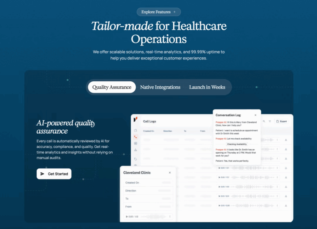 Prosper AI dashboard showing AI-powered quality assurance, real-time analytics, and healthcare operations automation