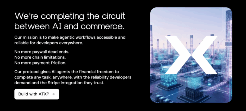 Promotional graphic for ATXP protocol showing mission statement: connecting AI and commerce, reducing payment friction, enabling agentic workflows with Stripe integration
