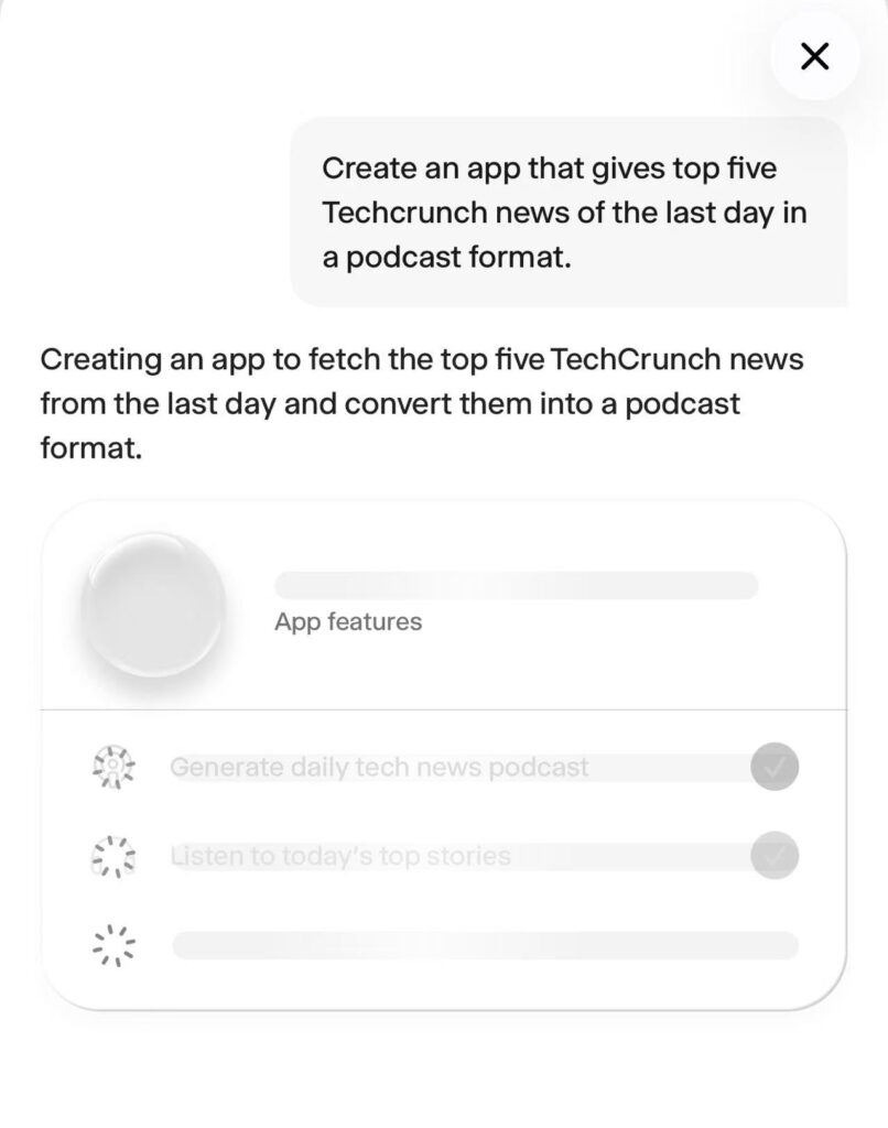AI app generator building a micro-app that turns the top five TechCrunch news stories into a daily podcast.